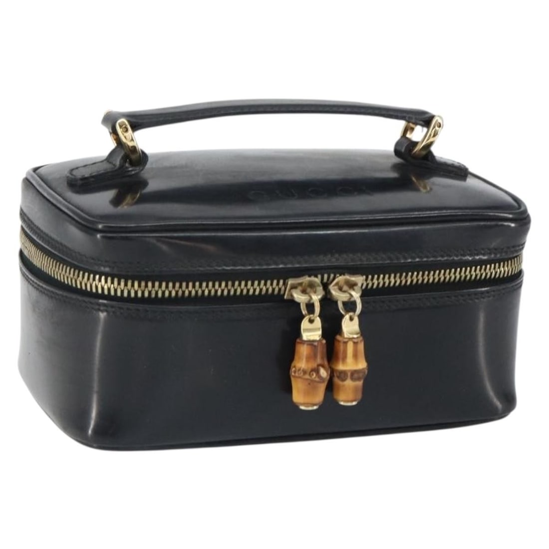 Black Patent Leather Bamboo Vanity Pouch by Gucci Model 032 1956 0151: Black Patent Leather Bamboo Vanity Pouch by Gucci Model 032 1956 0151 This is a Gucci Bamboo Vanity Pouch crafted from black patent leather. The pouch features a compact design and is made in Italy. T