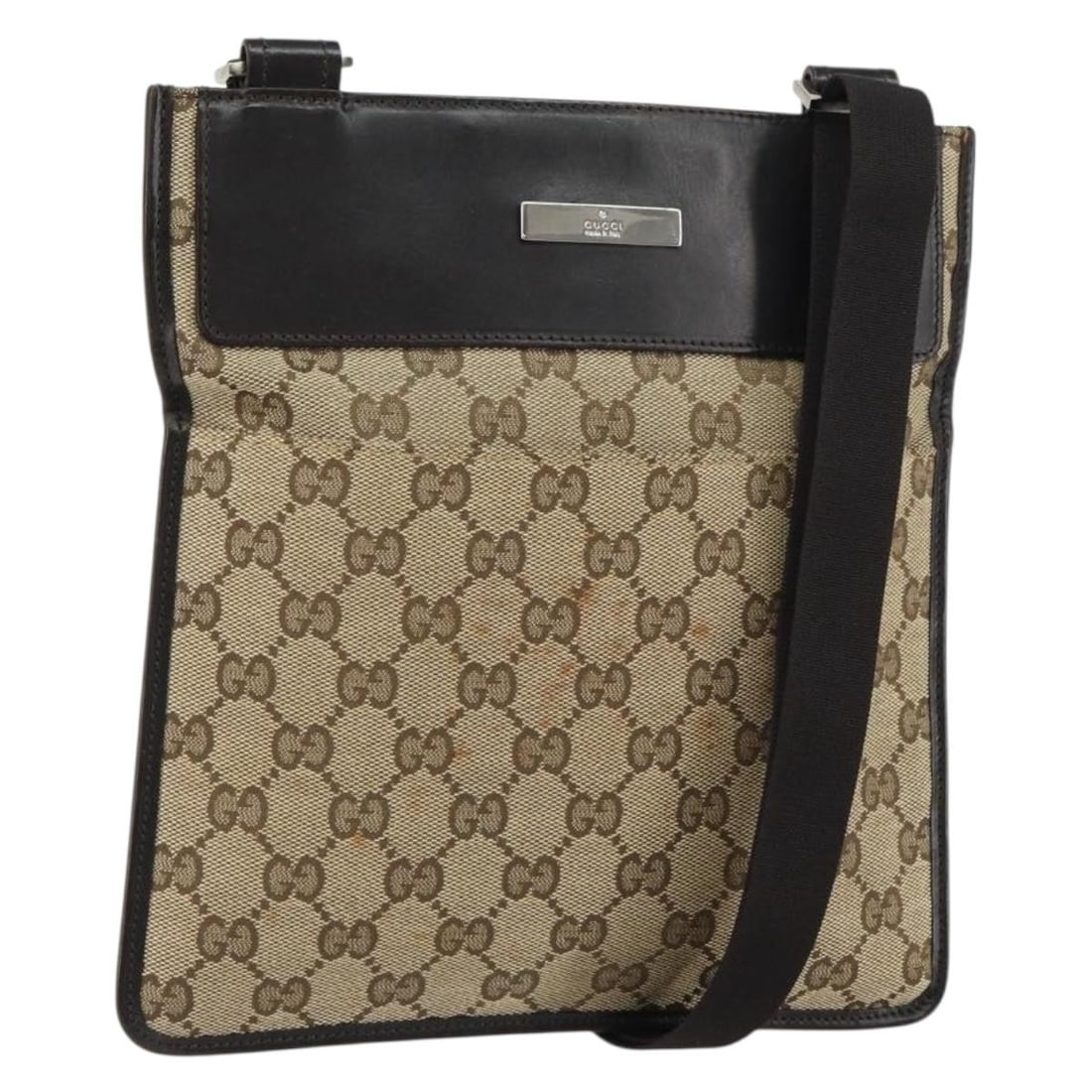 Beige Silver GG Canvas Gucci 019 0348 Shoulder Bag from Italy: Beige Silver GG Canvas Gucci 019 0348 Shoulder Bag from Italy This GUCCI GG Canvas shoulder bag features a beige and silver color scheme with signature GG canvas material. The bag is designed with an