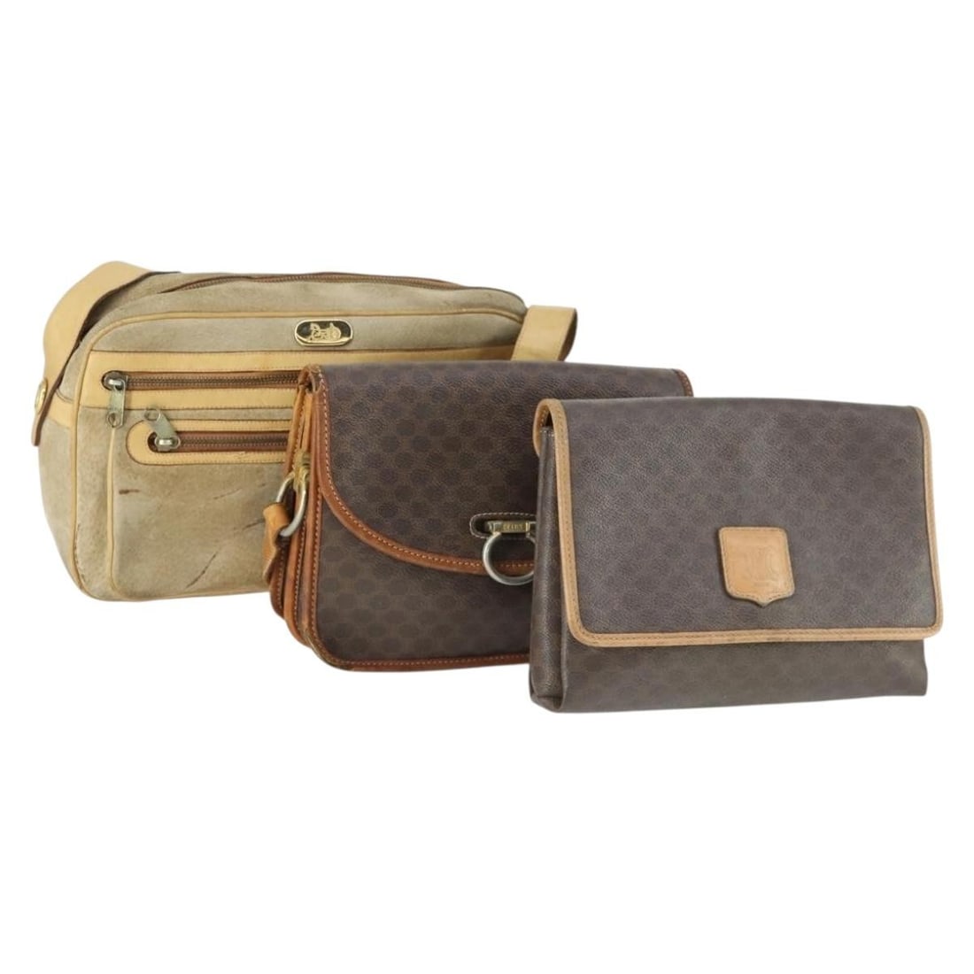 Set of 3 CELINE Macadam Canvas Shoulder Bags Brown Beige PVC Suede: Set of 3 CELINE Macadam Canvas Shoulder Bags Brown Beige PVC Suede This is a Celine Macadam canvas shoulder bag set in brown and beige, crafted from PVC leather and Macadam canvas. The set is heavily