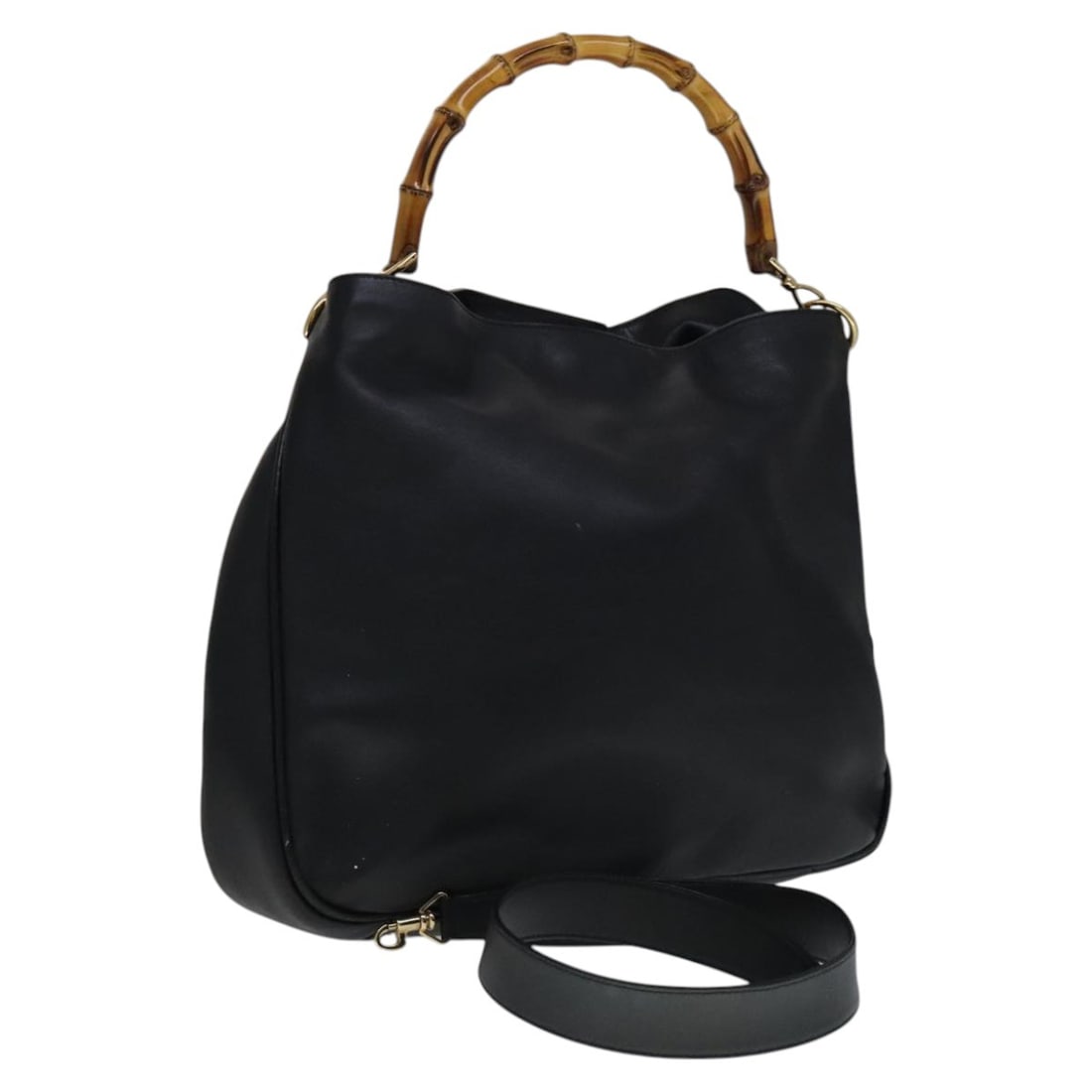 GUCCI Bamboo Leather Hand Bag Black Gold 2way with Shoulder Strap: GUCCI Bamboo Leather Hand Bag Black Gold 2way with Shoulder Strap This authentic GUCCI Bamboo Hand Bag combines luxury and functionality with its elegant black leather exterior and gold accents. Desig
