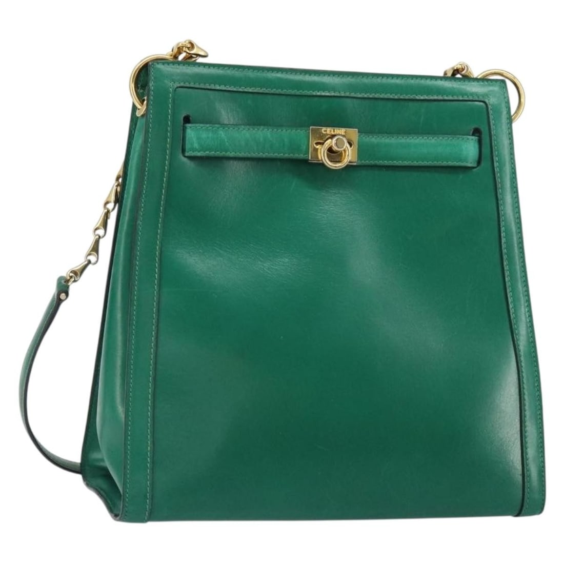 Green Leather CELINE Chain Shoulder Purse with Gold Tone Details: Green Leather CELINE Chain Shoulder Purse with Gold Tone Details This is a CELINE chain shoulder bag crafted from green leather with gold-tone accents. The bag features a structured silhouette with ap