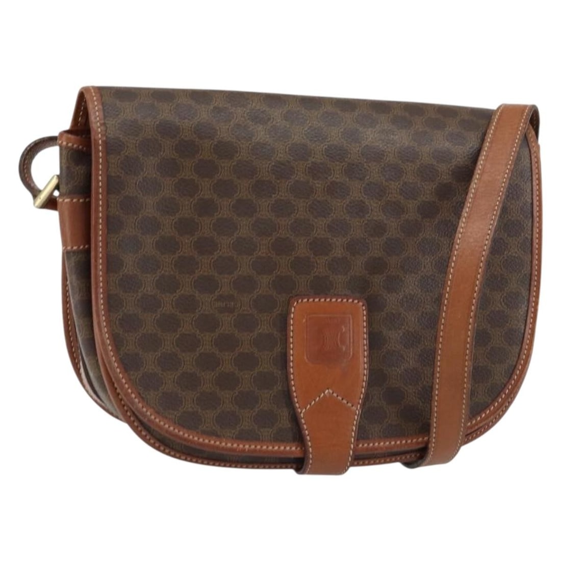 CELINE Macadam Brown Gold PVC Leather Shoulder Bag Italy Auth: CELINE Macadam Brown Gold PVC Leather Shoulder Bag Italy Auth This CELINE Macadam Canvas Shoulder Bag is a stylish accessory crafted in Italy, featuring a combination of PVC leather and Macadam canvas