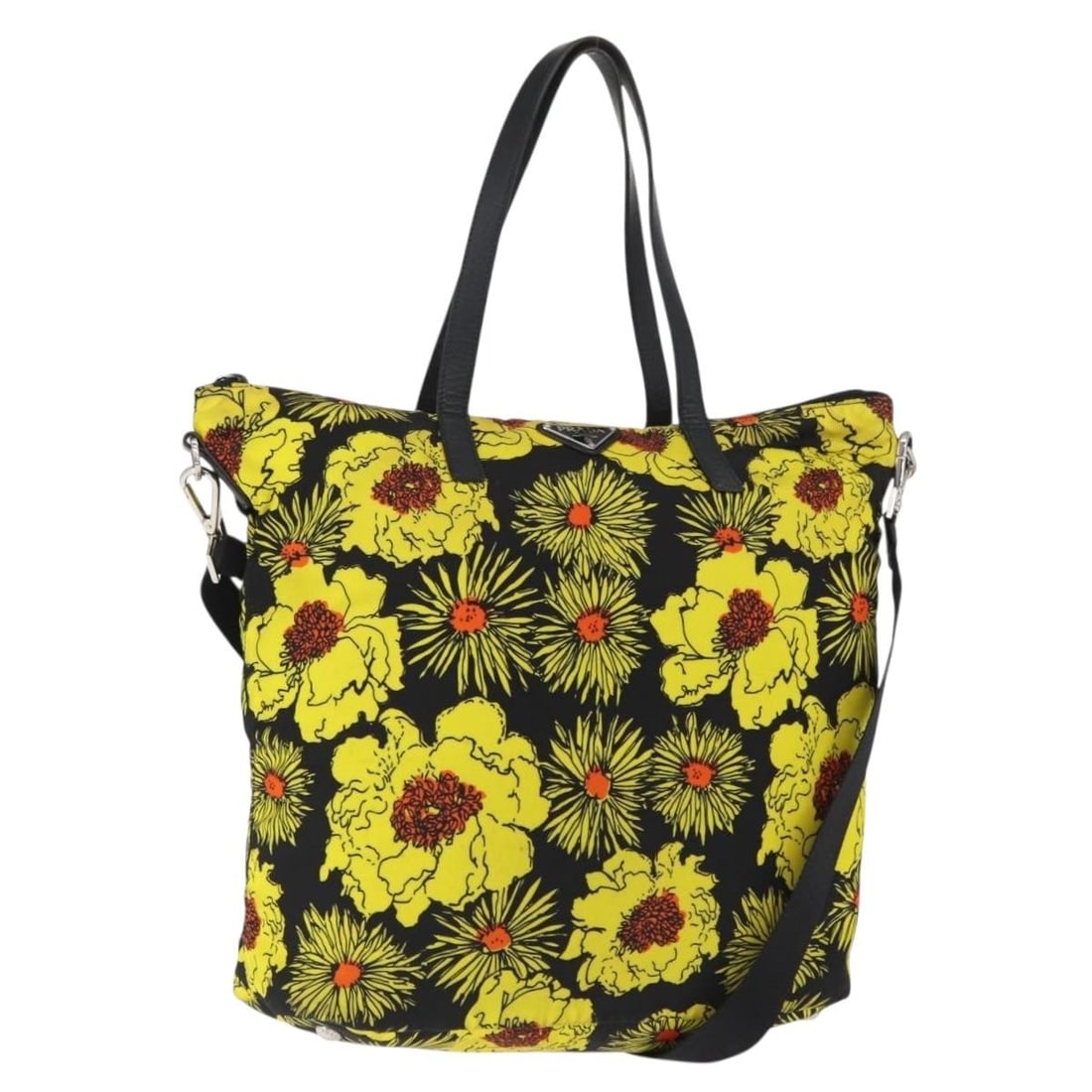 Yellow Nylon PRADA 2way Tote with Silver Accents and Shoulder Strap: Yellow Nylon PRADA 2way Tote with Silver Accents and Shoulder Strap This PRADA tote bag features a vibrant yellow and silver design crafted from durable nylon. Designed for versatility, it can be carr