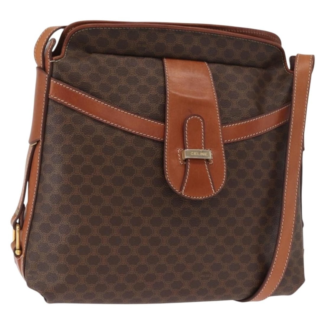 Celine Macadam Brown PVC Leather Shoulder Bag Gold Tone Hardware: Celine Macadam Brown PVC Leather Shoulder Bag Gold Tone Hardware This CELINE Macadam shoulder bag features a classic brown and gold design crafted from PVC leather and Macadam canvas. The bag is made