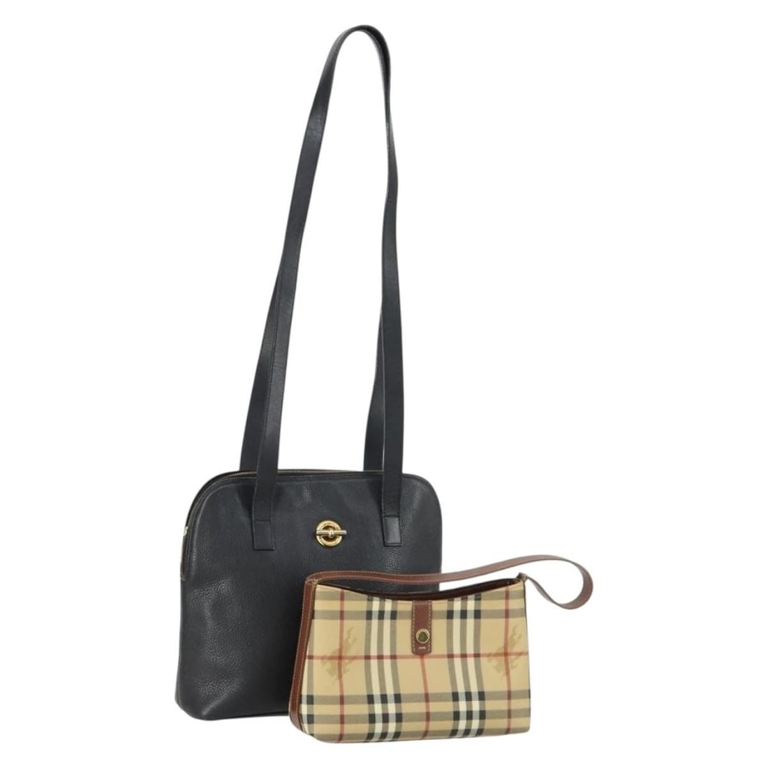 Set of 2 CELINE Shoulder Bags Brown Black Leather and PVC: Set of 2 CELINE Shoulder Bags Brown Black Leather and PVC This is a CELINE and Burberry shoulder bag set crafted from leather and PVC in brown and black tones. Both bags show significant signs of use,