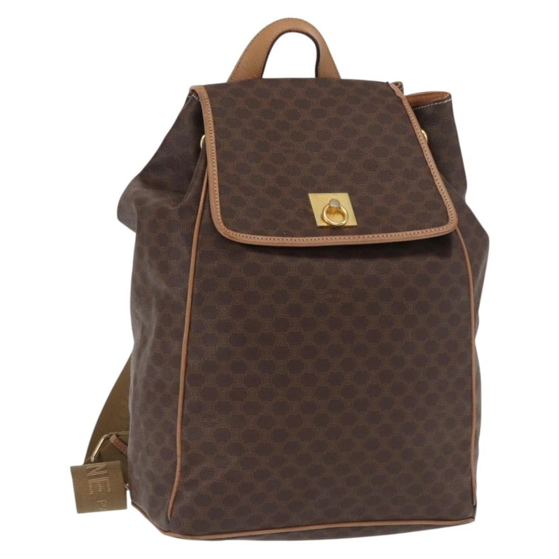 Celine Brown Macadam Canvas PVC Backpack with Leather Trim Gold Detail: Celine Brown Macadam Canvas PVC Backpack with Leather Trim Gold Detail This CELINE Macadam backpack features a classic brown and gold color scheme with PVC leather and Macadam canvas construction. The