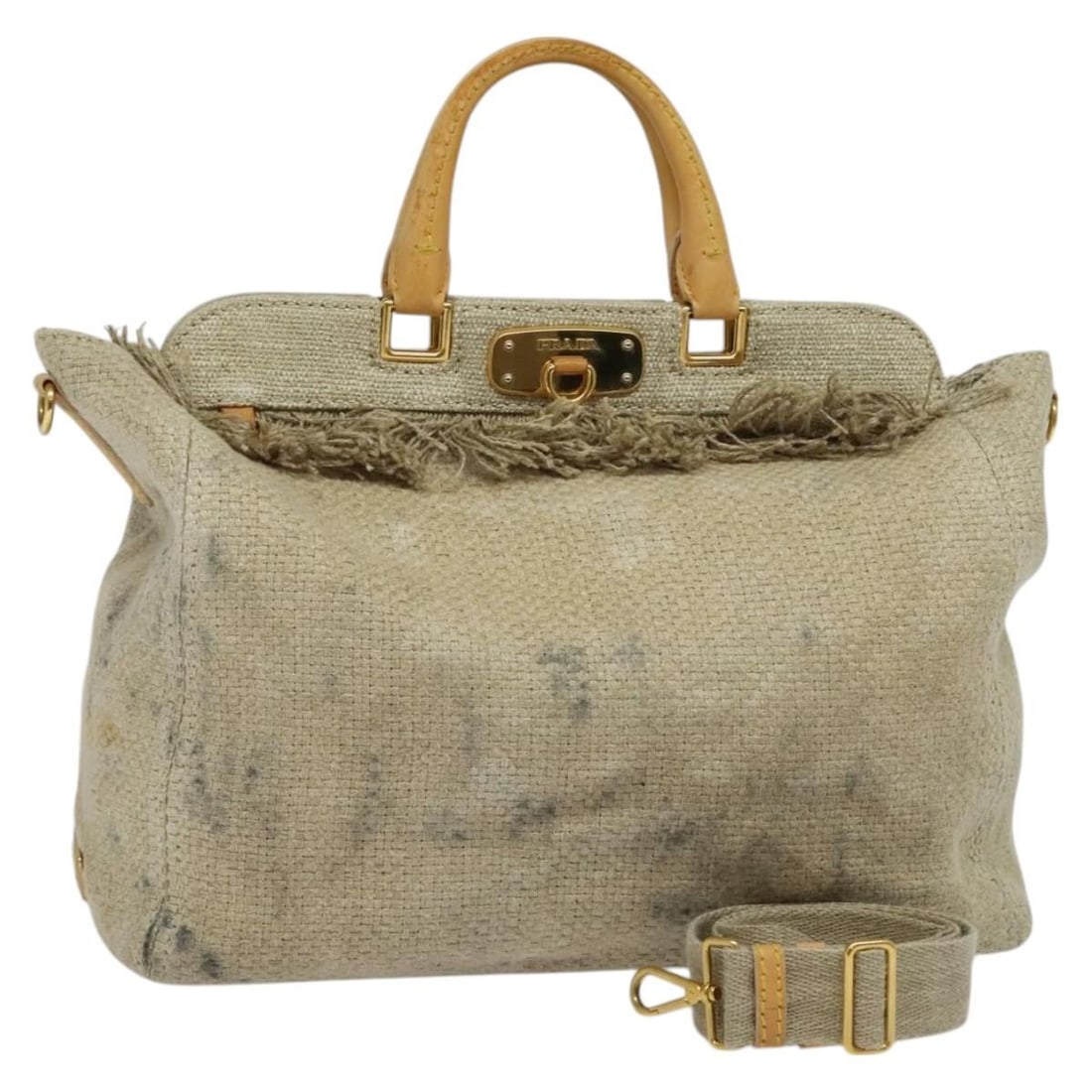PRADA Beige Gold Canvas Hand Bag 2way Made in Italy: PRADA Beige Gold Canvas Hand Bag 2way Made in Italy This PRADA Hand Bag is a chic and versatile accessory crafted from high-quality canvas. The elegant beige and gold exterior makes it a perfect addit