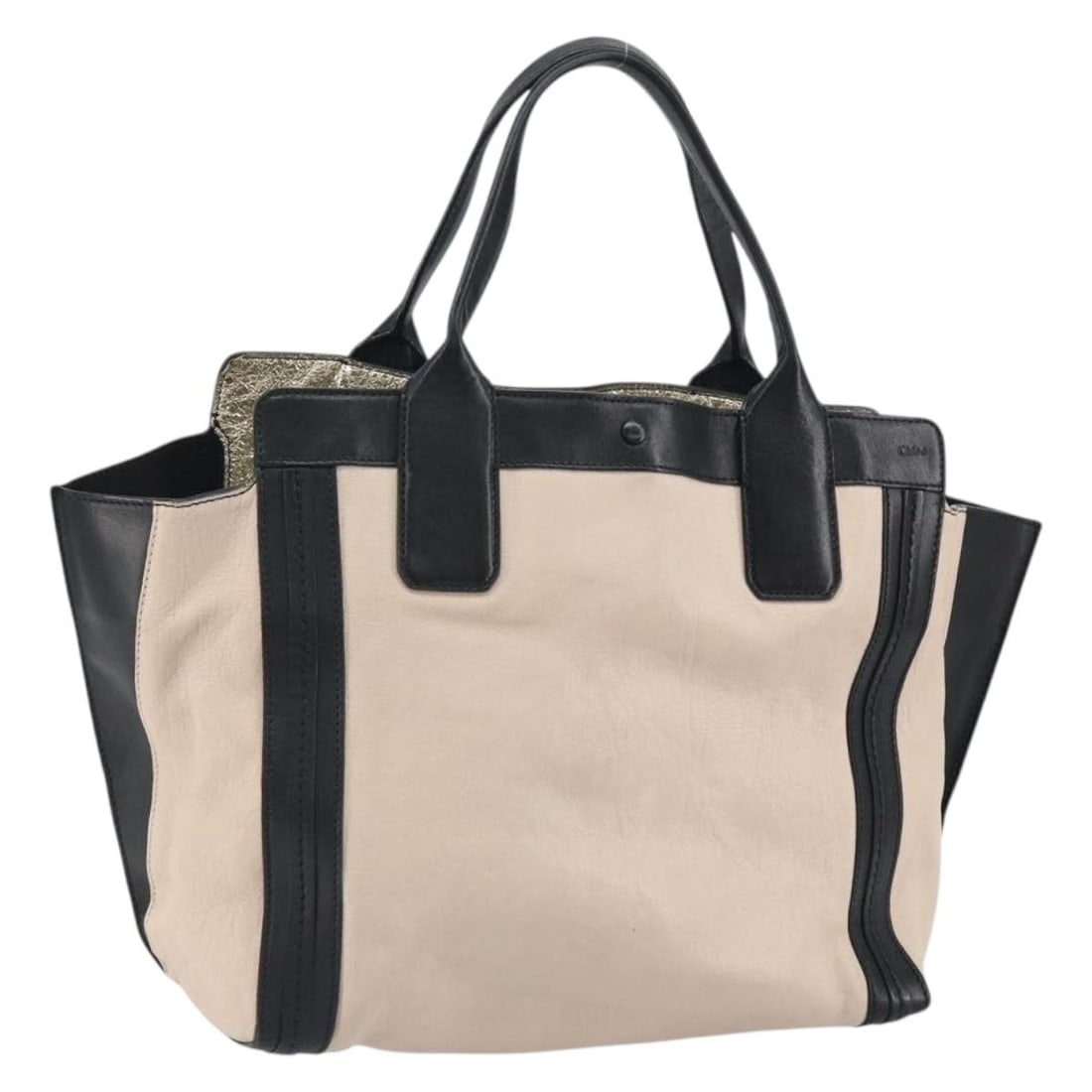 Chloe Alison Leather Tote Bag in Beige and Black with Gold Accents: Chloe Alison Leather Tote Bag in Beige and Black with Gold Accents This Chloe Alison handbag features a stylish combination of beige, black, and gold tones with leather construction. The bag includes