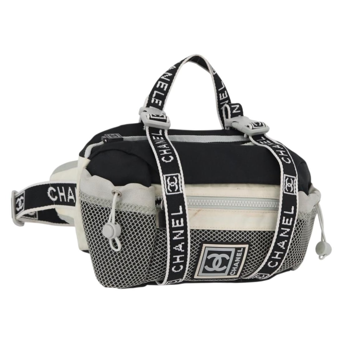 Black Nylon CHANEL Sports Line Waist Bag with Silver Tone Accents: Black Nylon CHANEL Sports Line Waist Bag with Silver Tone Accents This CHANEL Sports Line waist bag is crafted from black and silver nylon. It features a compact design with an adjustable shoulder str