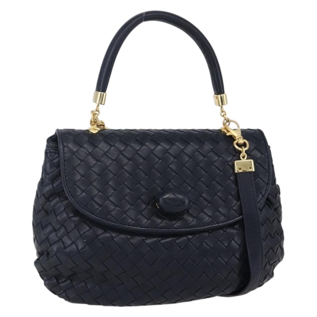 Bottega Veneta Intrecciato Leather Hand Bag Navy Gold Auth 149061 (1 of 18)
