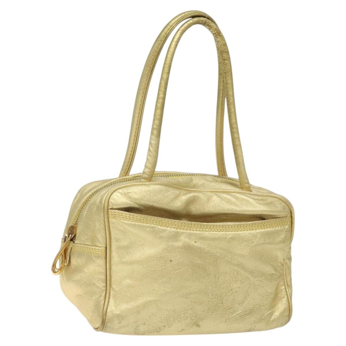 LOEWE Leather Hand Bag Gold Tone Made in Spain: LOEWE Leather Hand Bag Gold Tone Made in Spain This LOEWE Hand Bag is crafted from high-quality leather and features a stunning gold-tone exterior. With dimensions of approximately 7.1 inches in lengt