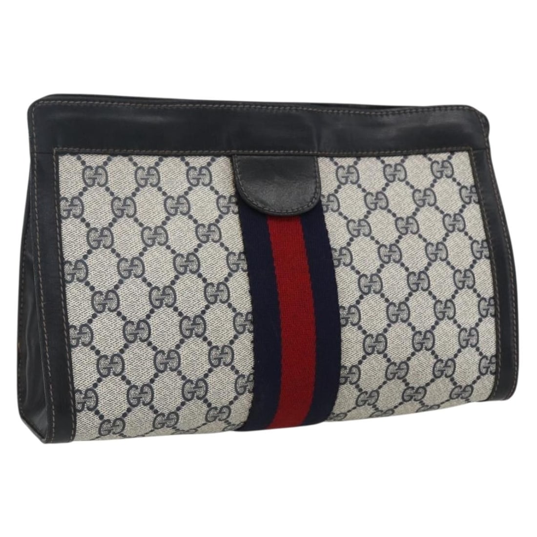 Gucci Sherry Line Navy Red GG Supreme PVC Leather Clutch Made in Italy: Gucci Sherry Line Navy Red GG Supreme PVC Leather Clutch Made in Italy This Gucci GG Supreme Sherry Line clutch bag features a navy and red color scheme crafted from PVC leather and GG canvas. It is d