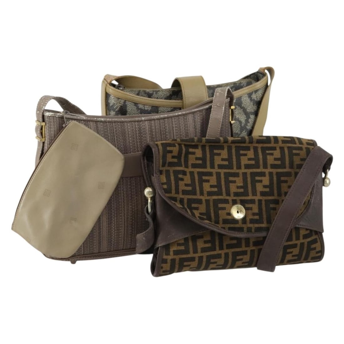 Set of Three Givenchy Brown and Black PVC Shoulder Bags with Pouch: Set of Three Givenchy Brown and Black PVC Shoulder Bags with Pouch This is a Givenchy shoulder bag set featuring PVC leather and Zucca canvas in brown and black. The set includes a pouch accessory. Th