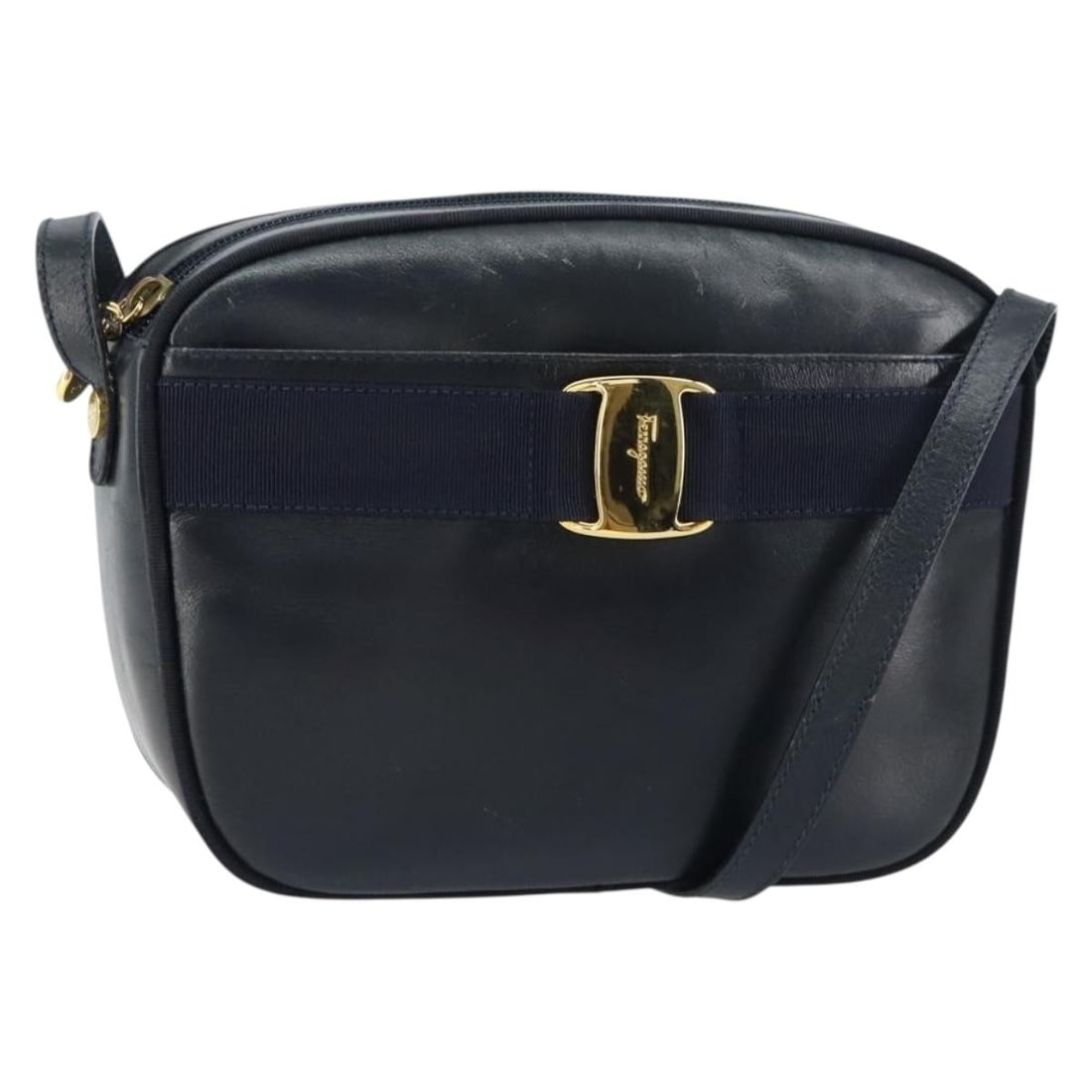 Salvatore Ferragamo Vala Leather Shoulder Bag Navy Gold Auth BA8897 (1 of 18)