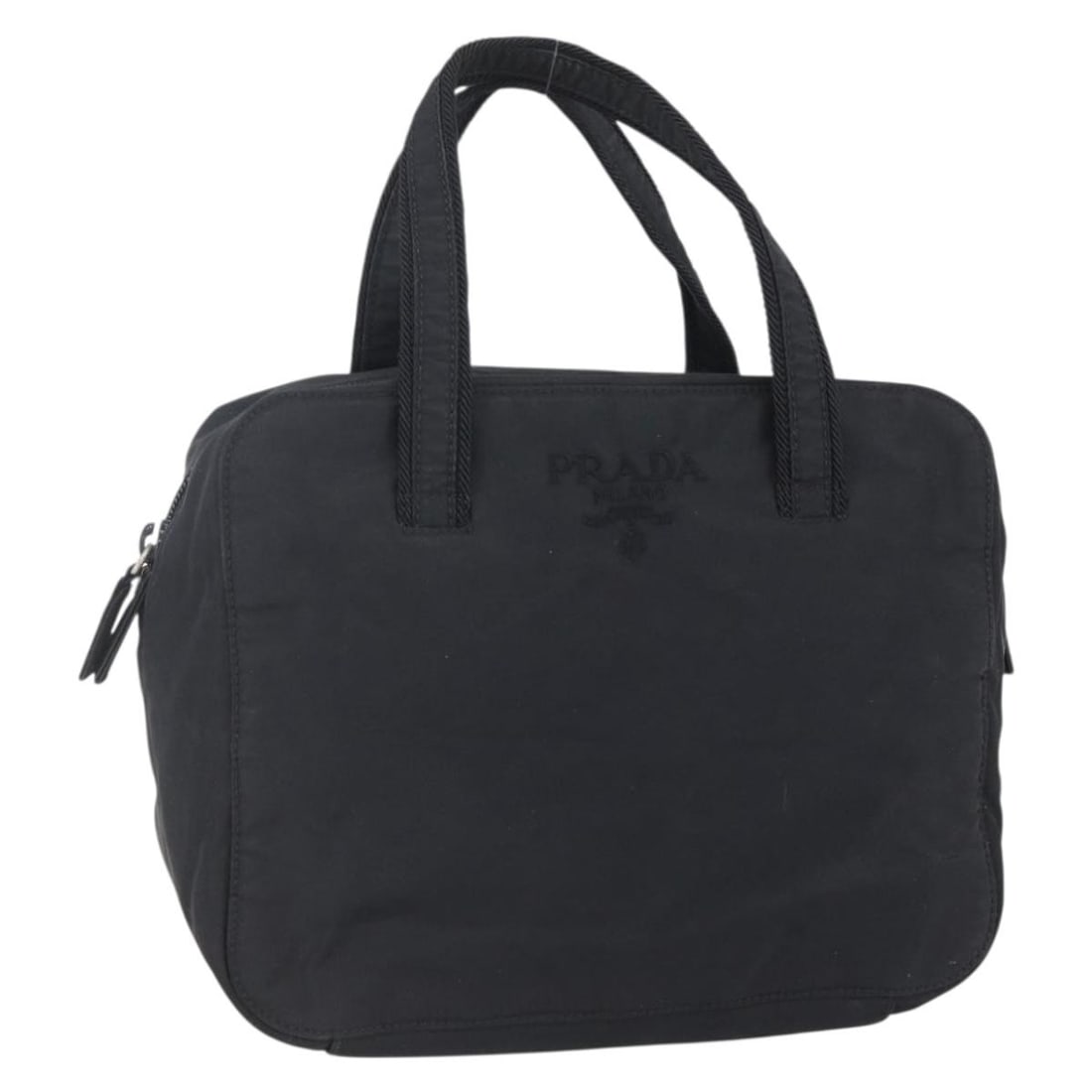 PRADA Black Nylon Hand Bag with Guarantee Card: PRADA Black Nylon Hand Bag with Guarantee Card Elevate your accessory collection with this authentic PRADA Hand Bag, crafted in Italy from durable black nylon. This stylish hand bag features a compact