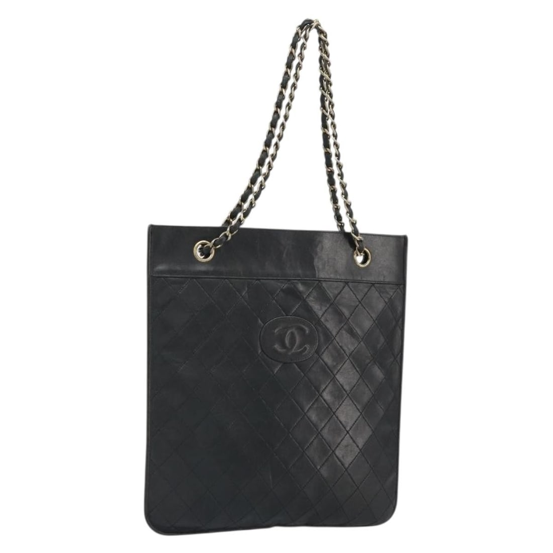 Chanel Black Lambskin Matelasse Shoulder Bag with Gold Chain CC Logo: Chanel Black Lambskin Matelasse Shoulder Bag with Gold Chain CC Logo This is a CHANEL Matelasse chain shoulder bag crafted from black lambskin leather with gold-tone CC accents. The bag features an el