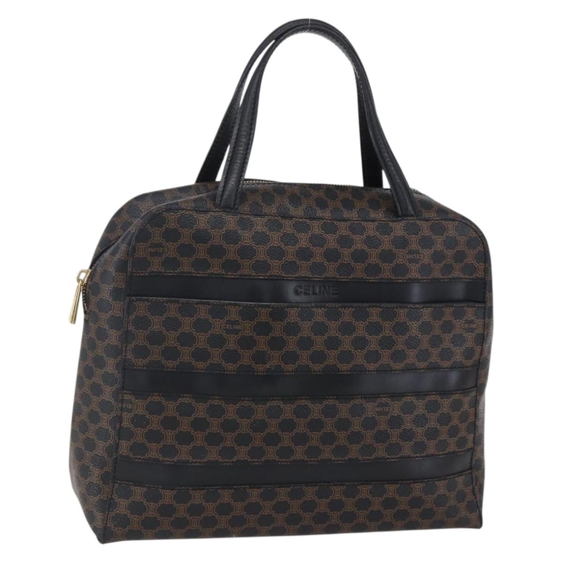 CELINE Macadam Canvas Hand Bag Black Gold PVC Auth 150769: CELINE Macadam Canvas Hand Bag Black Gold PVC Auth 150769 This authentic CELINE Macadam Canvas Hand Bag is a stylish accessory crafted from durable PVC leather. The exterior features a striking black