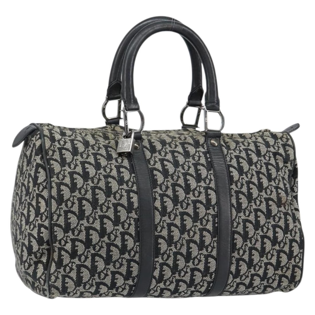 Christian Dior Black Silver Trotter Canvas Mini Boston Bag Auth 152631: Christian Dior Black Silver Trotter Canvas Mini Boston Bag Auth 152631 This striking Christian Dior Trotter Canvas Mini Boston Bag showcases a sophisticated blend of black and silver tones. Crafted in