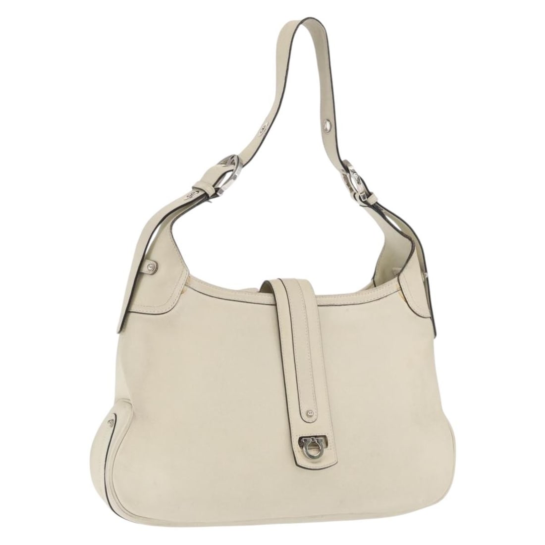 Salvatore Ferragamo Ivory Leather Gancini Shoulder Bag with Silver Accents: Salvatore Ferragamo Ivory Leather Gancini Shoulder Bag with Silver Accents This Salvatore Ferragamo Gancini shoulder bag features an ivory leather exterior with silver-tone accents. The bag is made in