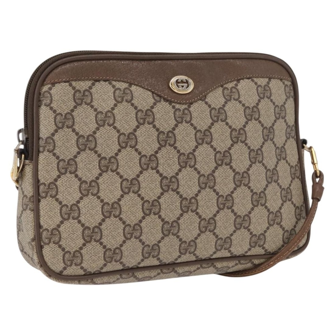 Gucci Beige GG Supreme PVC Leather Shoulder Bag 119 02 068 Italy: Gucci Beige GG Supreme PVC Leather Shoulder Bag 119 02 068 Italy This Gucci GG Supreme shoulder bag features a beige and gold color scheme crafted from a combination of PVC leather and GG canvas. The