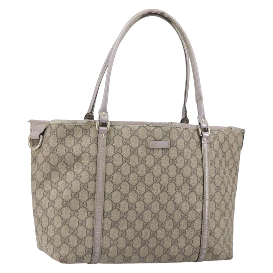 Beige Gold GG Supreme Tote by Gucci Model 197953 PVC Leather: Beige Gold GG Supreme Tote by Gucci Model 197953 PVC Leather This is a Gucci GG Supreme tote bag crafted from beige and gold PVC leather with GG canvas accents. The bag features dual handles and a spa