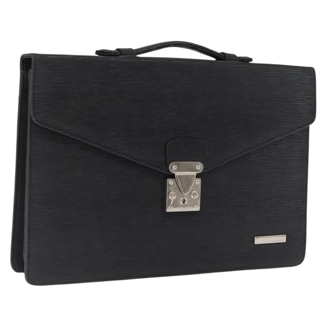 Black Leather Saint Laurent Business Bag with Silver Tone Accents: Black Leather Saint Laurent Business Bag with Silver Tone Accents This SAINT LAURENT business bag is crafted from black leather with silver-tone accents. The bag features a spacious main compartment a