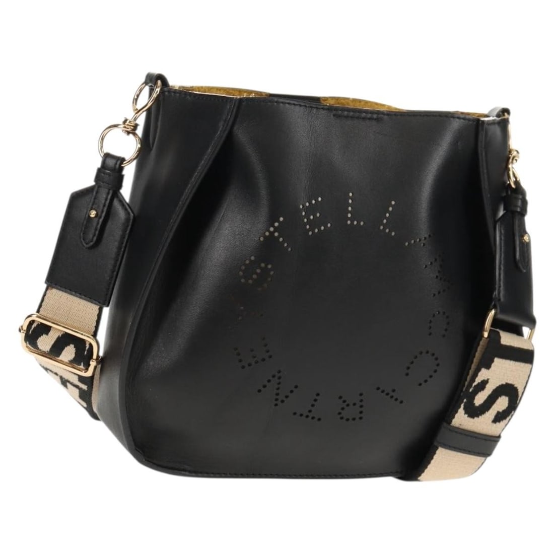 Stella MacCartney 700073 Black Gold Polyester Shoulder Bag Italy: Stella MacCartney 700073 Black Gold Polyester Shoulder Bag Italy This stylish shoulder bag from Stella McCartney is a versatile accessory featuring a sleek black and gold color scheme. Crafted from du