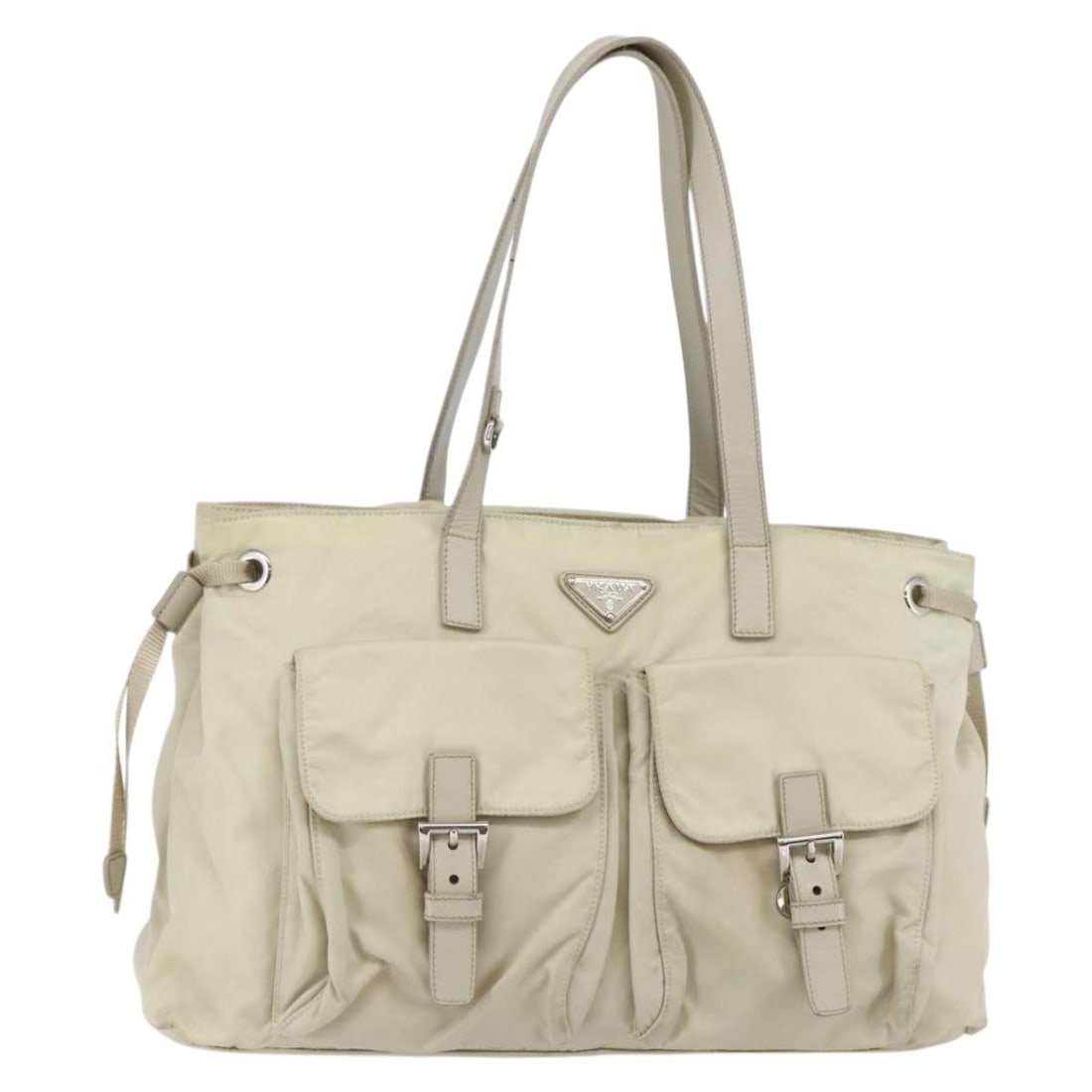 PRADA Beige Silver Nylon Tote Bag Made in Italy: PRADA Beige Silver Nylon Tote Bag Made in Italy This authentic PRADA tote bag is a stylish blend of functionality and elegance, crafted from durable nylon in a sophisticated beige and silver color sch