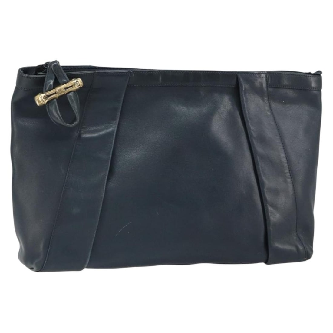 Gucci Bamboo Navy Leather Clutch with Gold Accents: Gucci Bamboo Navy Leather Clutch with Gold Accents This is a Gucci bamboo clutch bag crafted from navy leather with gold-tone accents. The bag features a sleek rectangular design and is made in Italy.