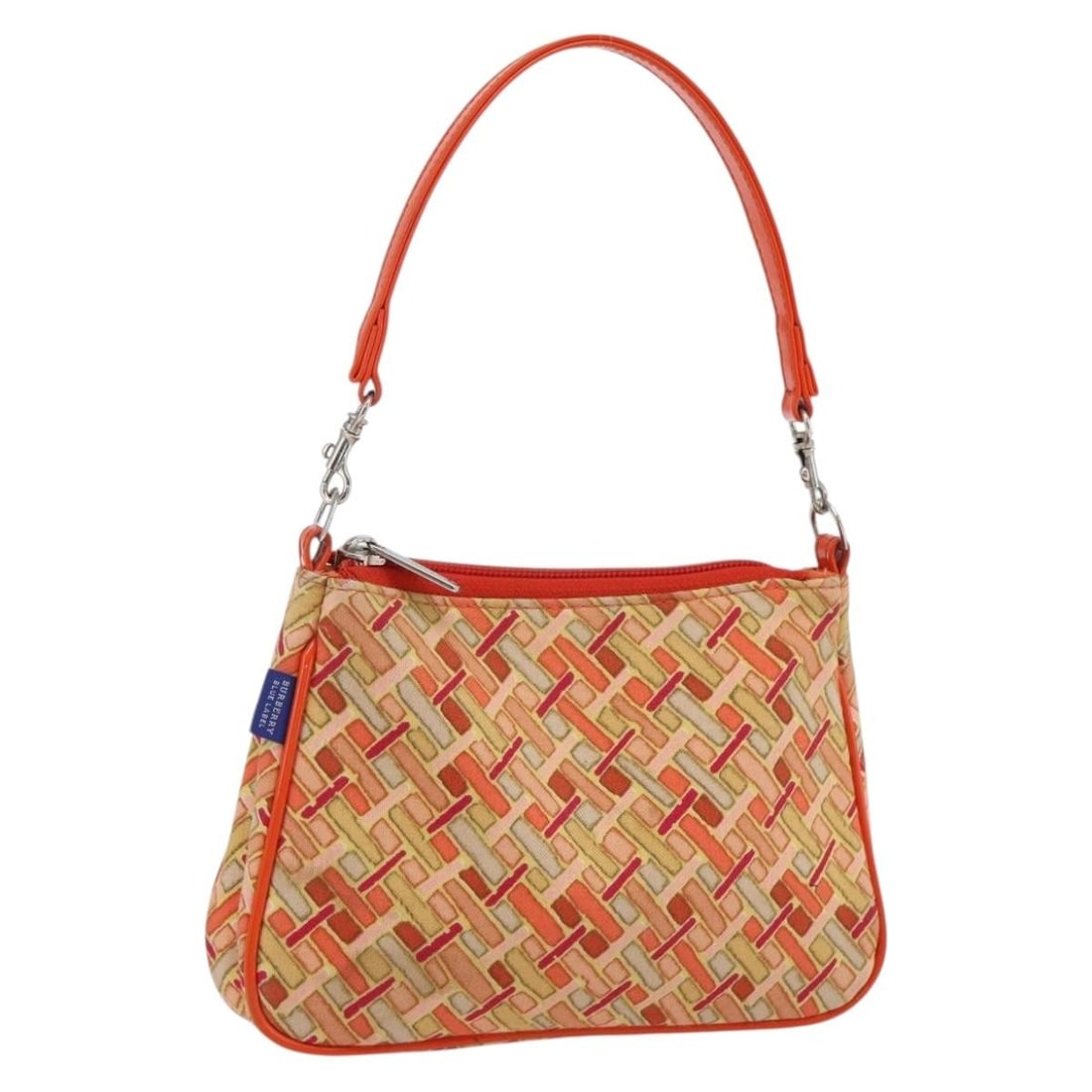 Burberry Canvas Handbag Orange Silver Made in Japan 7.9x5.5x2 Inch: Burberry Canvas Handbag Orange Silver Made in Japan 7.9x5.5x2 Inch This Burberry Blue Label handbag features a canvas exterior in a vibrant orange and silver color combination. It has a compact size s