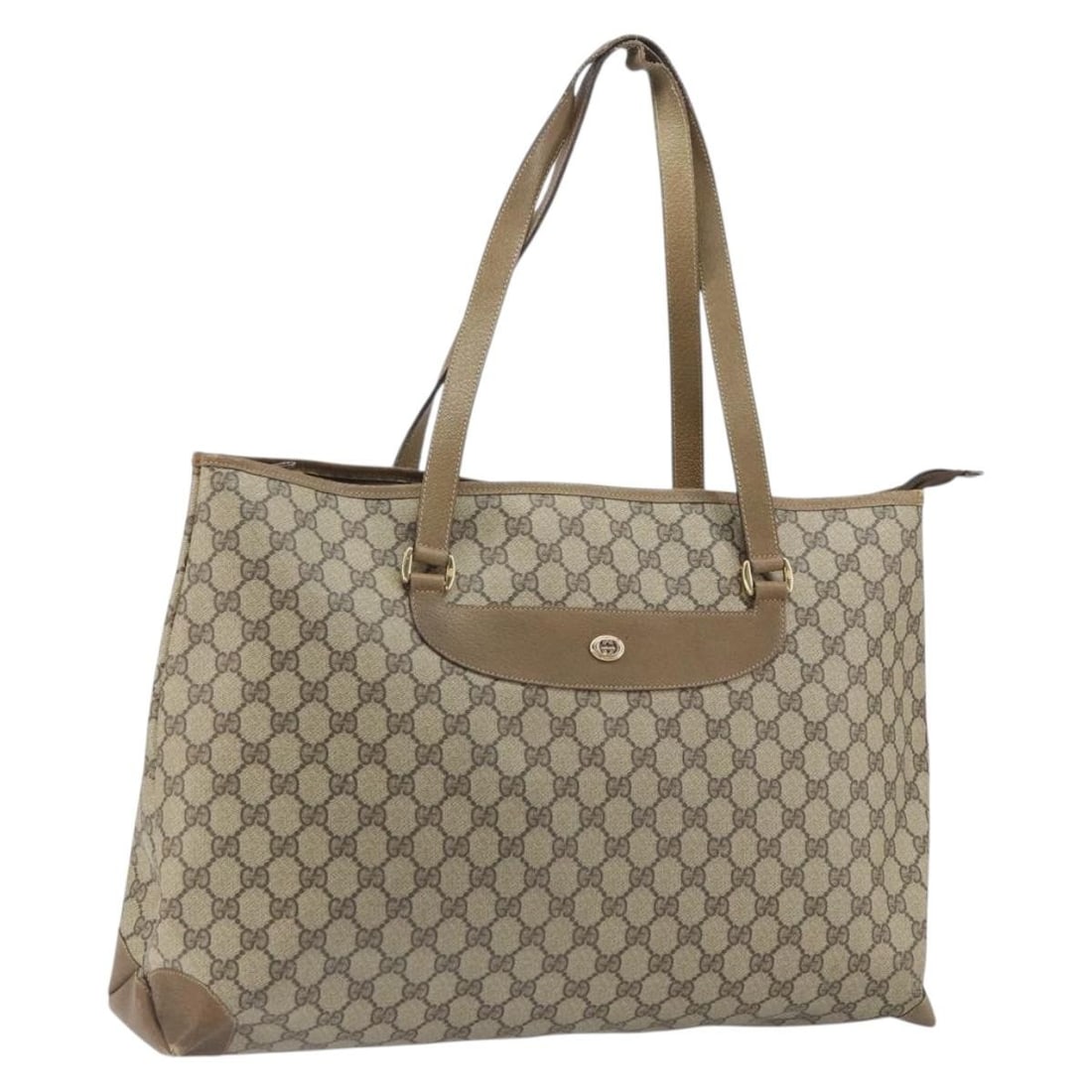 Beige Gold GG Supreme Tote by Gucci PVC Leather Model 89 02 904: Beige Gold GG Supreme Tote by Gucci PVC Leather Model 89 02 904 This is a Gucci GG Supreme tote bag crafted from beige and gold PVC leather with GG canvas accents. The bag features dual handles with a