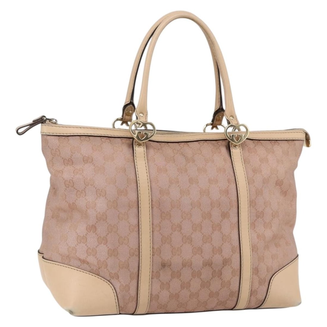 Pink GG Canvas Gucci 257068 Tote Bag Gold Accent Italian Made: Pink GG Canvas Gucci 257068 Tote Bag Gold Accent Italian Made This GUCCI Lovely Tote Bag features a pink and gold GG canvas exterior with leather accents. Designed in a spacious tote style, it include