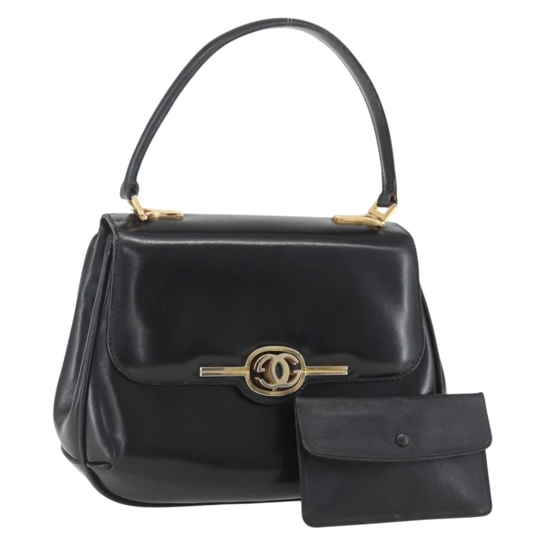 Black Leather Gucci Handbag with Gold Accents and Pouch: Black Leather Gucci Handbag with Gold Accents and Pouch This is a GUCCI hand bag crafted from black leather with gold-tone accents. The bag features a structured silhouette with a handle drop of appro