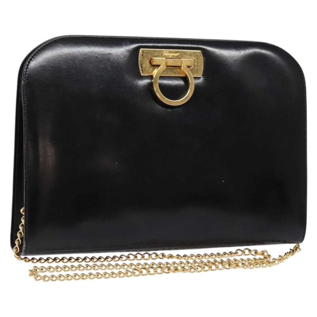 Salvatore Ferragamo Gancini Chain Shoulder Bag Black Gold Leather Italy (1 of 18)