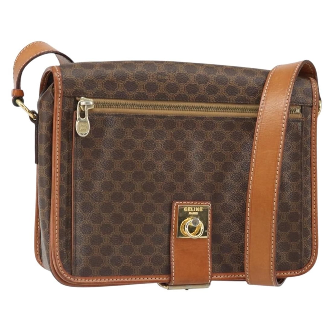 Celine Macadam Pattern Shoulder Bag Brown PVC Leather Gold Detail: Celine Macadam Pattern Shoulder Bag Brown PVC Leather Gold Detail This CELINE Macadam shoulder bag features a brown and gold PVC leather exterior with Macadam canvas detailing. The bag is designed wit