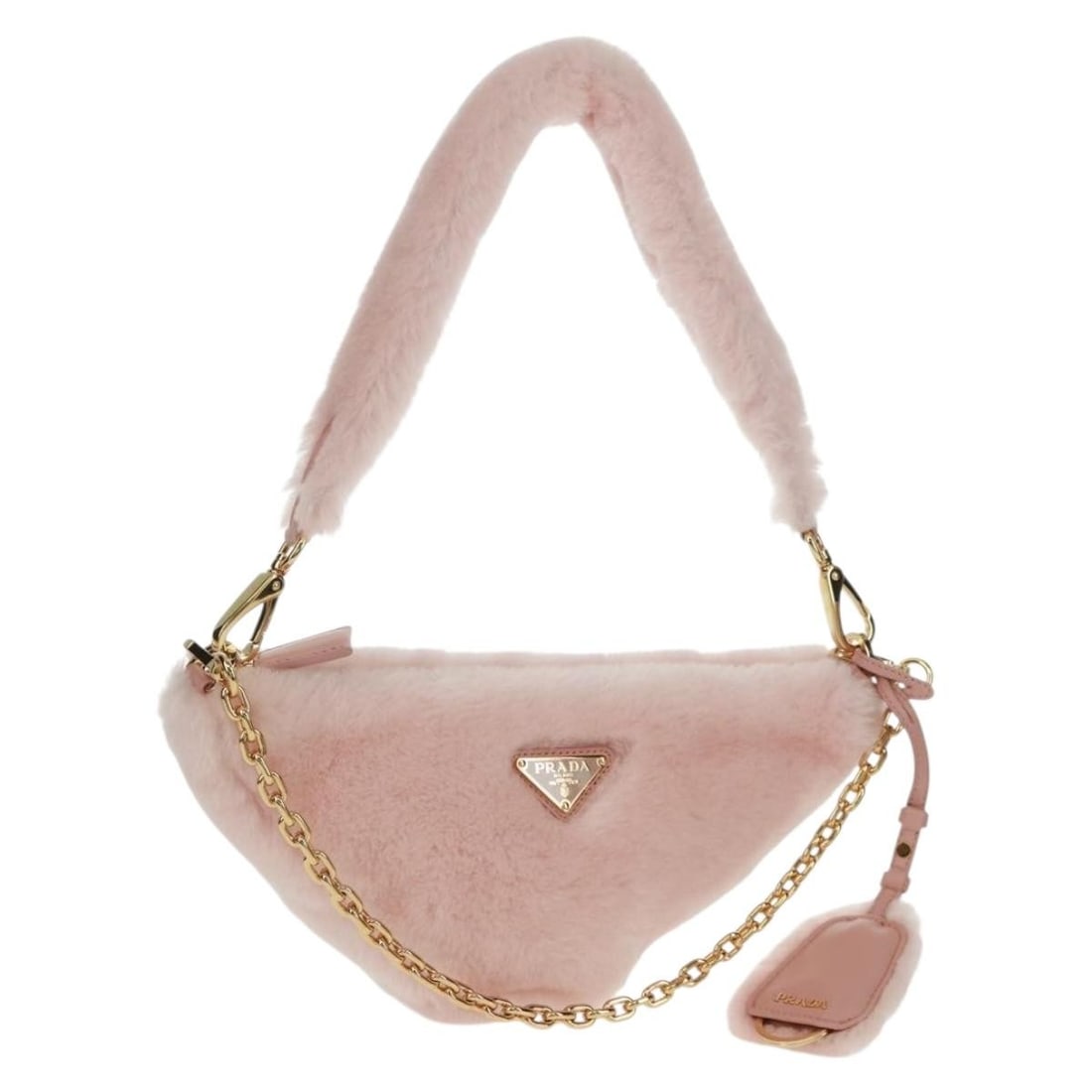 Prada Pink Gold Fur Chain Shoulder Bag with Two Straps and Accessories: Prada Pink Gold Fur Chain Shoulder Bag with Two Straps and Accessories This PRADA chain shoulder bag features a luxurious fur exterior in pink and gold tones. It offers versatile styling with a two-wa