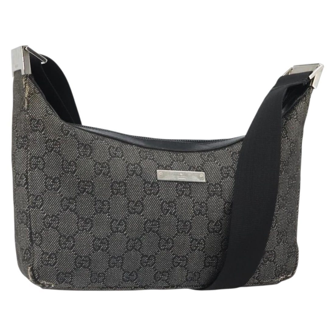Black GG Canvas Gucci Shoulder Bag Model 35098 Silver Tone: Black GG Canvas Gucci Shoulder Bag Model 35098 Silver Tone This is a GUCCI GG Canvas shoulder bag in black and silver, featuring the iconic GG canvas exterior. The bag is designed with a shoulder stra