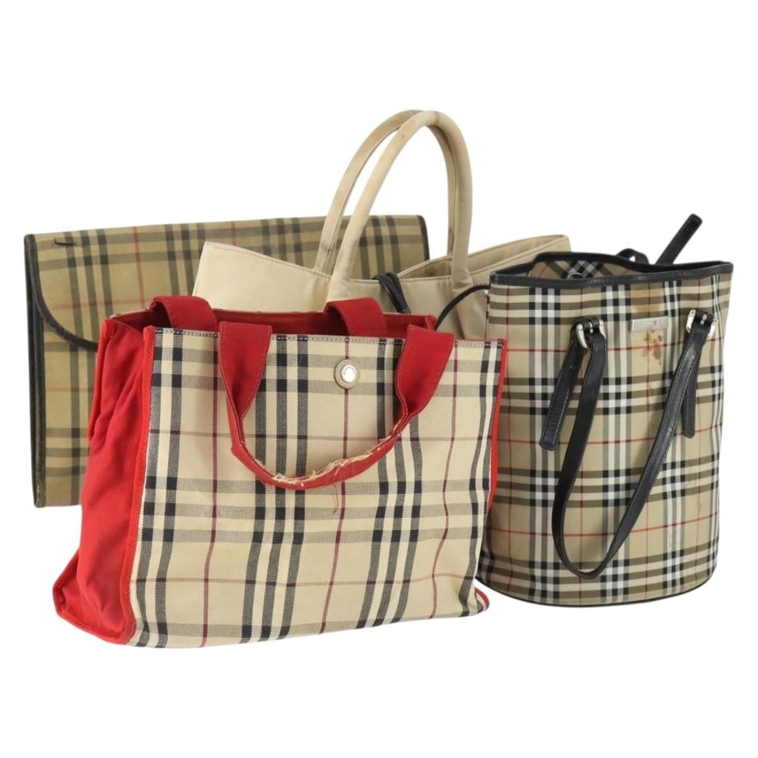 Set of 4 Burberry Nova Check Beige Red Canvas Shoulder Bags: Set of 4 Burberry Nova Check Beige Red Canvas Shoulder Bags This is a Burberry Nova Check shoulder bag set, featuring a beige and red canvas exterior. The set is crafted in Italy and includes four pie