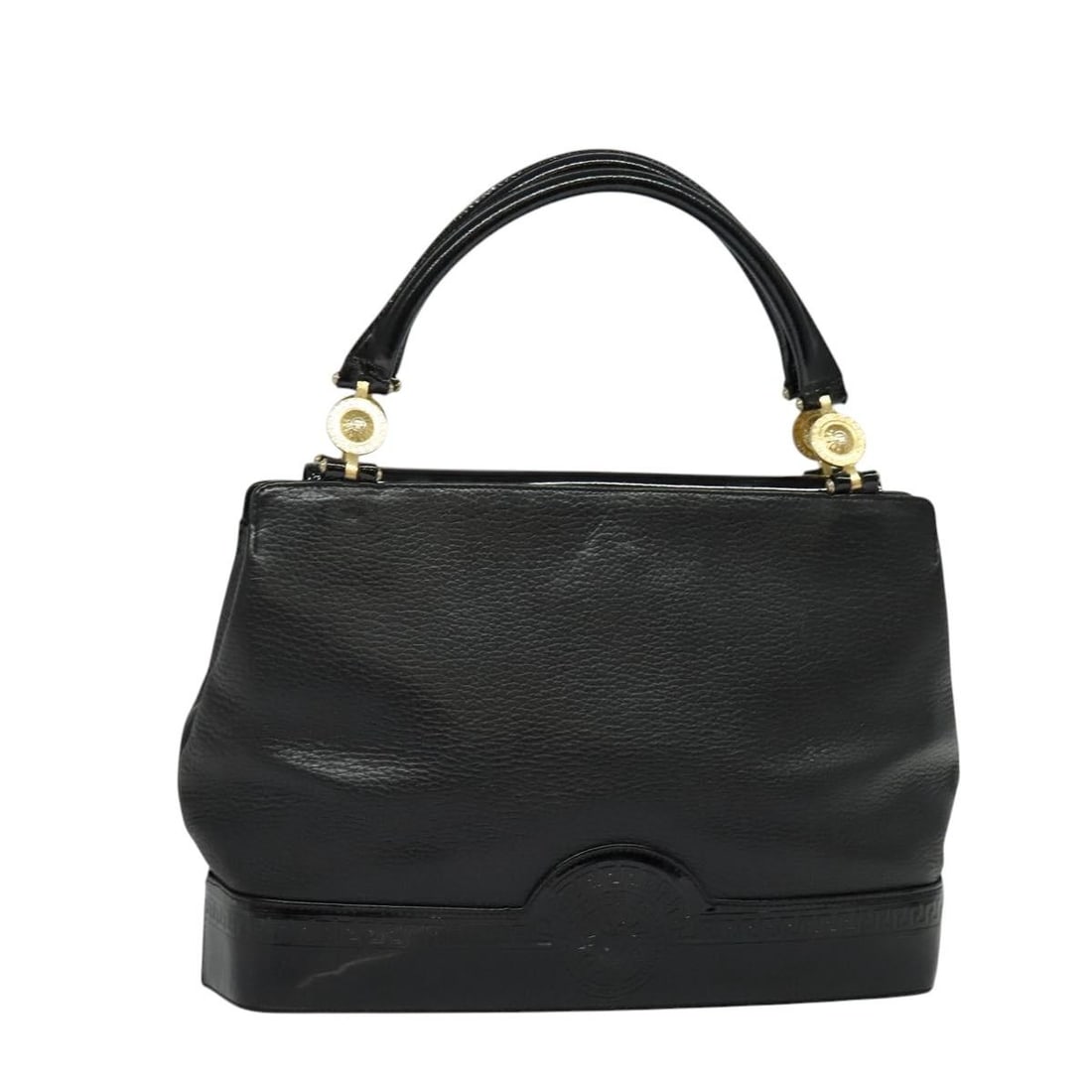 VERSACE Black Leather Hand Bag with Gold Accents Made in Italy: VERSACE Black Leather Hand Bag with Gold Accents Made in Italy This VERSACE hand bag is a stylish accessory crafted from genuine leather in a striking black and gold color scheme. Measuring approximat