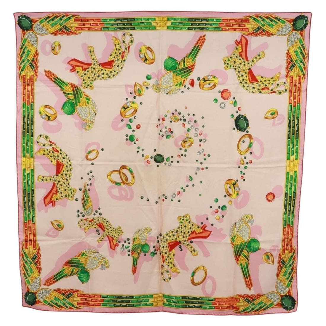 Pink Silk Scarf by Cartier with Box 33x33 Inch Made in France: Pink Silk Scarf by Cartier with Box 33x33 Inch Made in France This Cartier scarf is crafted from silk and features a pink color. The scarf measures approximately 33.1 inches (84 cm) in both width and
