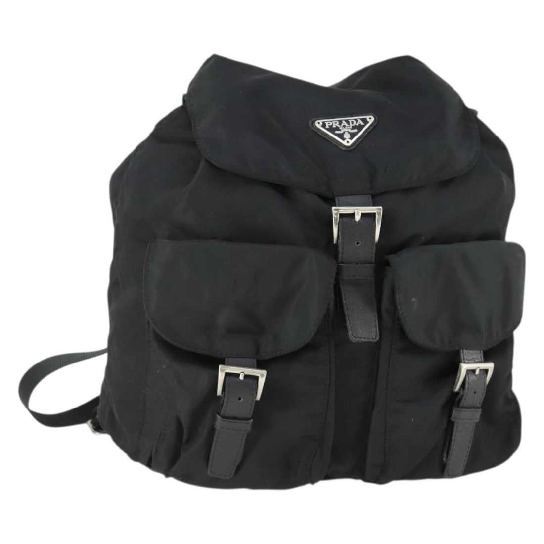 Black Silver Nylon Backpack by Prada Model BS33077: Black Silver Nylon Backpack by Prada Model BS33077 This PRADA backpack features a black and silver nylon exterior with a sleek, compact design. It is crafted in Italy and measures approximately 11 inc