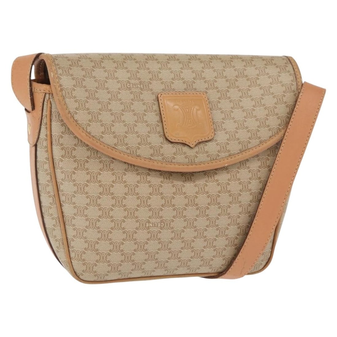 Beige Macadam Canvas PVC Shoulder Bag by CELINE with Gold Accents: Beige Macadam Canvas PVC Shoulder Bag by CELINE with Gold Accents This is a CELINE Macadam shoulder bag crafted in beige and gold PVC leather and Macadam canvas. The bag features an adjustable shoulde