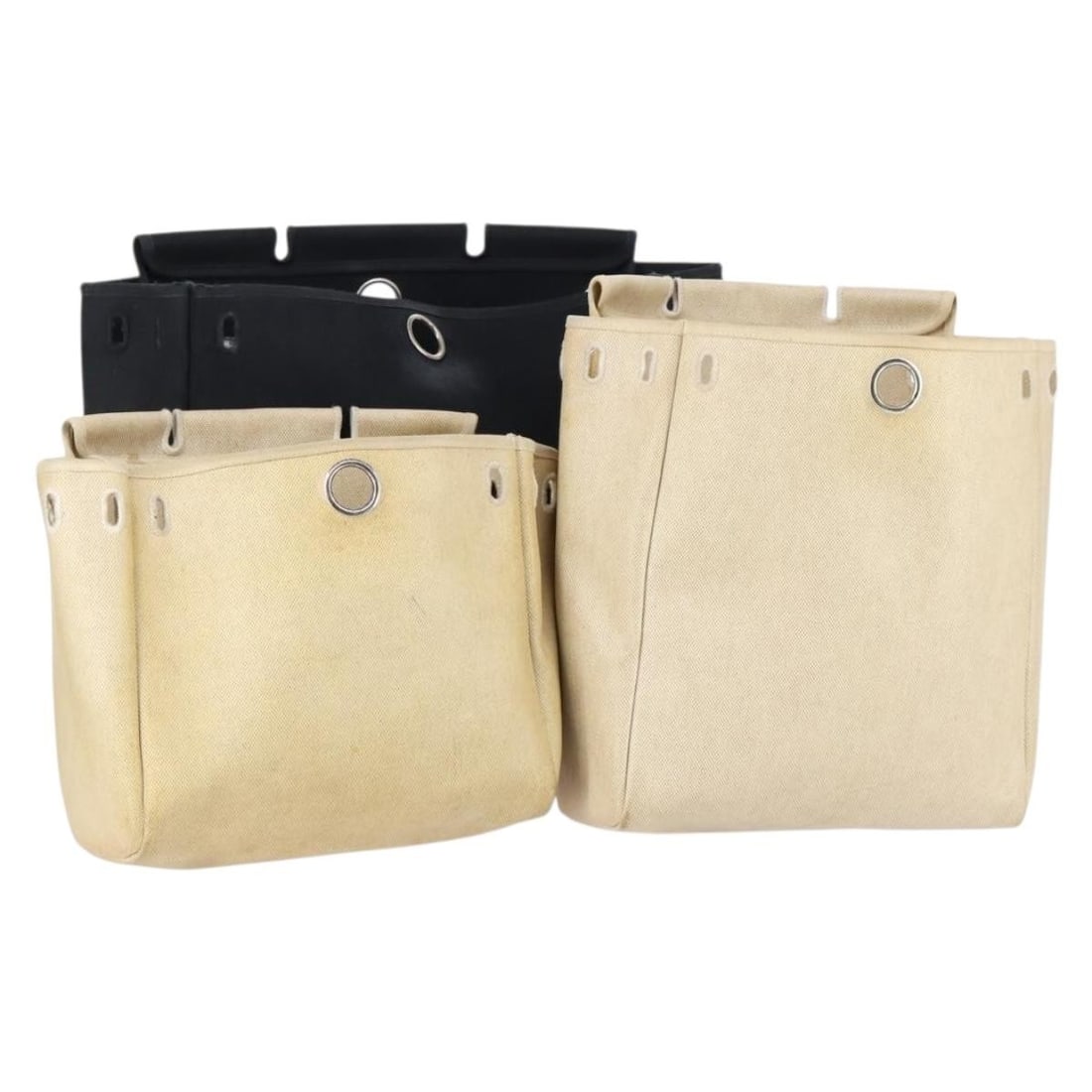 HERMES Hand Bag Set 3 Coated Canvas Beige Black Authentic: HERMES Hand Bag Set 3 Coated Canvas Beige Black Authentic This authentic HERMES handbag set features a stylish and practical design crafted from durable coated canvas in a sophisticated beige and blac