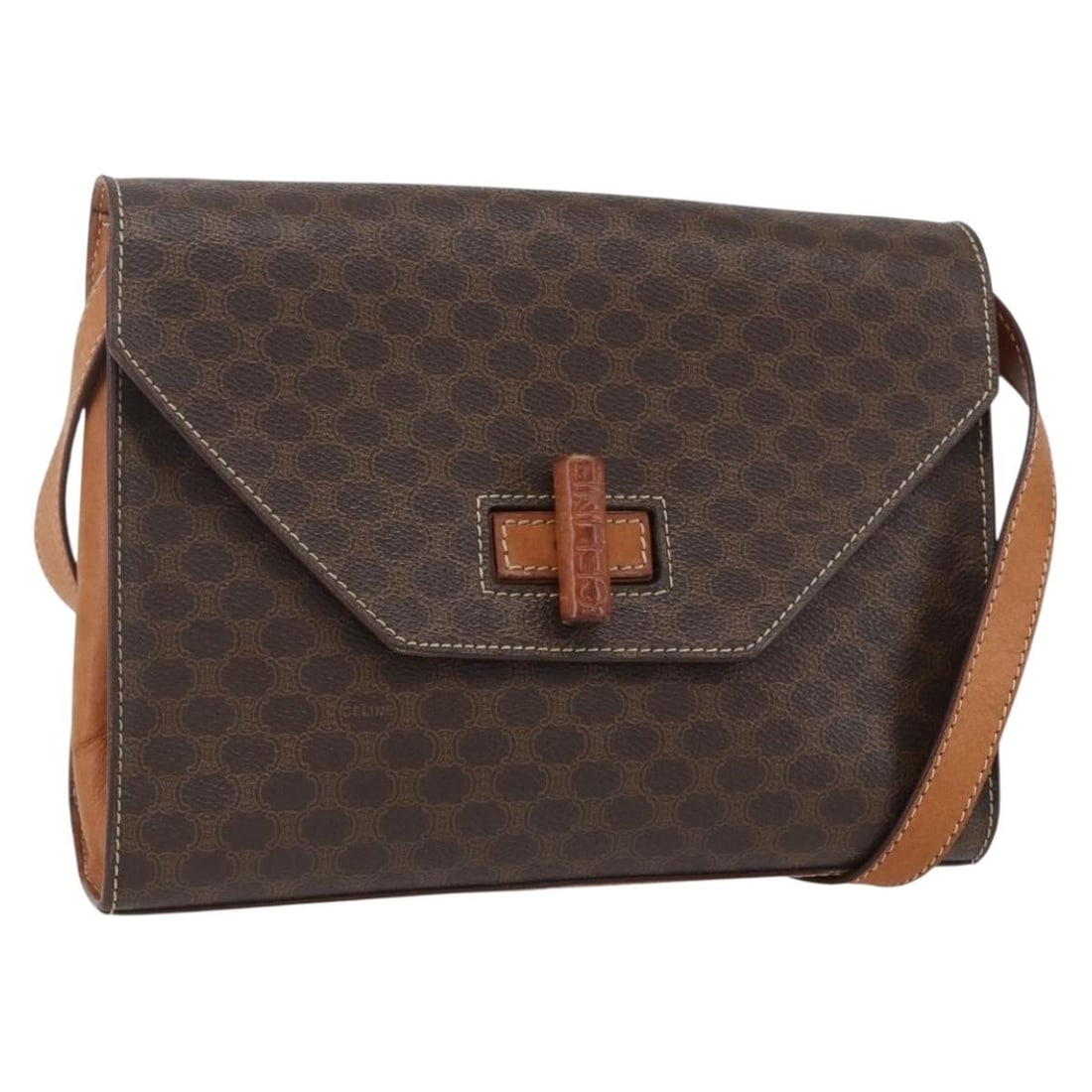 CELINE Macadam Canvas Shoulder Bag Brown Gold PVC Leather Auth: CELINE Macadam Canvas Shoulder Bag Brown Gold PVC Leather Auth This authentic CELINE Macadam Canvas Shoulder Bag is a sophisticated accessory crafted in Italy, designed for stylish versatility. Made f