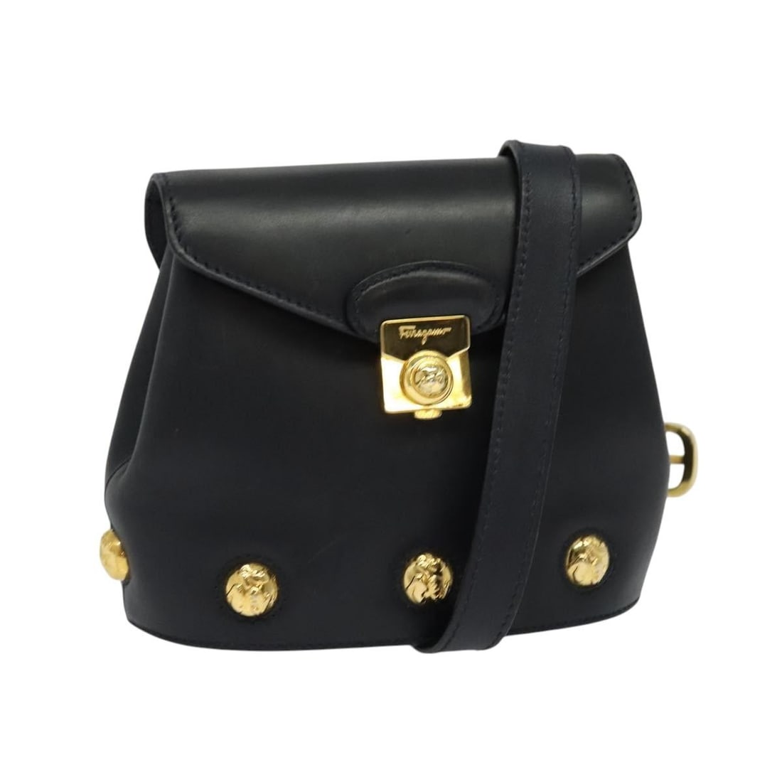 Salvatore Ferragamo Navy Gold Leather Shoulder Bag Auth Italy: Salvatore Ferragamo Navy Gold Leather Shoulder Bag Auth Italy This Salvatore Ferragamo shoulder bag is crafted from high-quality leather in a stylish navy and gold color scheme. The bag dimensions
