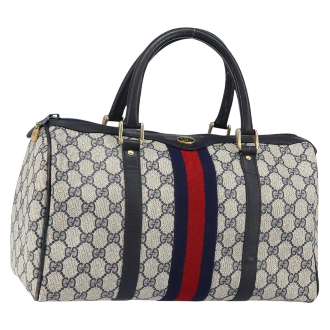 GUCCI GG Supreme Boston Bag PVC Navy Gold Red Authentic: GUCCI GG Supreme Boston Bag PVC Navy Gold Red Authentic This GUCCI GG Supreme Sherry Line Boston Bag combines style and sophistication, crafted from durable PVC leather in a striking navy, gold, and