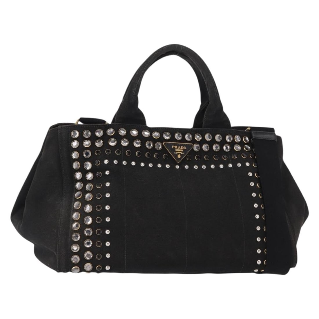 PRADA Canapa GM Hand Bag Black Gold Canvas Authentic 154510: PRADA Canapa GM Hand Bag Black Gold Canvas Authentic 154510 This PRADA Studs Canapa GM Hand Bag is a stylish blend of black and gold canvas, crafted in Italy. Measuring approximately 14.2 inches in le