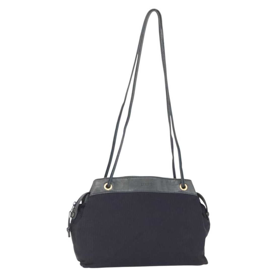 Navy Nylon LOEWE Shoulder Bag with Gold Accents from Spain: Navy Nylon LOEWE Shoulder Bag with Gold Accents from Spain This LOEWE shoulder bag features a navy and gold color scheme with a durable nylon exterior. Crafted in Spain, the bag has a structured silho