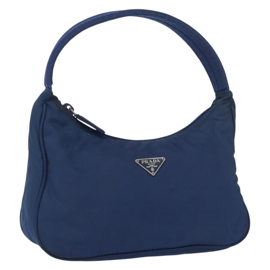 Prada Blue Nylon Handbag with Silver Tone Accents Made in Italy: Prada Blue Nylon Handbag with Silver Tone Accents Made in Italy This PRADA handbag features a blue and silver nylon exterior with silver-tone hardware. The bag is compact and practical, crafted in Ita