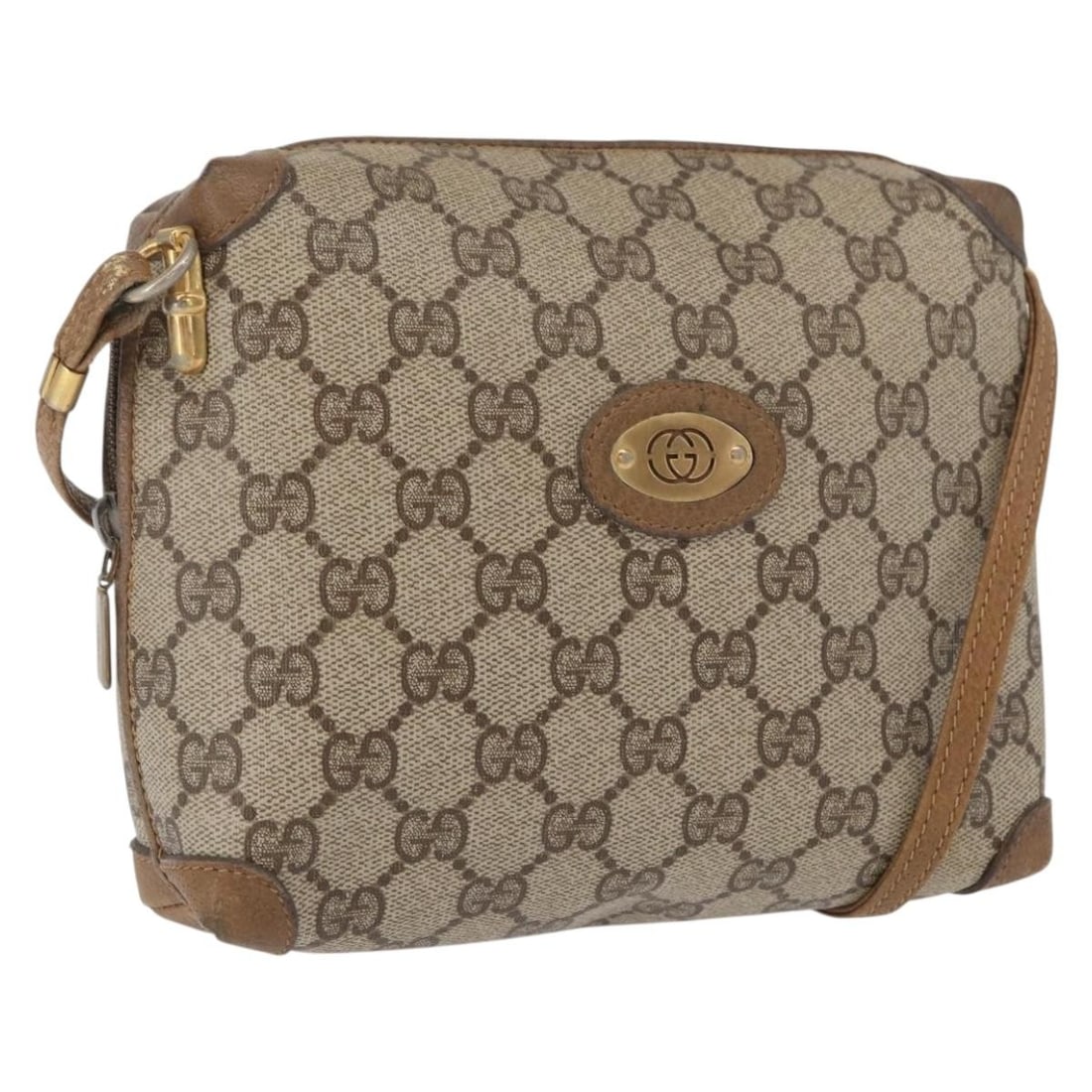 Beige Gold GG Supreme Shoulder Bag by Gucci 007 115 4916 PVC: Beige Gold GG Supreme Shoulder Bag by Gucci 007 115 4916 PVC This GUCCI GG Supreme shoulder bag features beige and gold tones with a PVC leather and GG canvas exterior. Designed with a compact silhoue